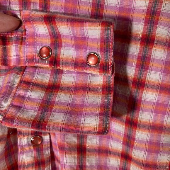 Womens Vintage Long Sleeve Western Pearl Snap Shirt M Pink Orange White - Picture 4 of 7
